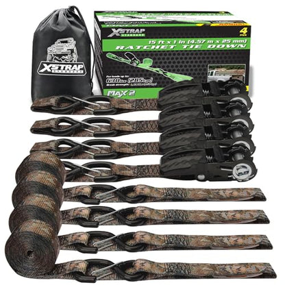 XSTRAP STANDARD 4-Pack Ratchet tie-Down Straps (1" x 15 ft) Feature Integrated Soft Loops, Padded Handles, Coated S-Hooks with Safety Clips, 1890 lbs Break Strength for Motorcycles, Trucks(Camouflage) - size: Camouflage-1890 lbs