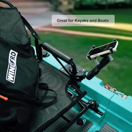 Kayak Phone Mount with Clamp Ball Base, 360° Adjustable Marine Grade Aluminum Holder with 6.7" Long Arm, for Fishing Boat and Motorcycle, Suitable for Bars and Rails with 0.71"-1.61" Diameter