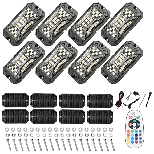 SUNPIE 8 Pods RGBW Rock Lights – Full Beam Angle, 30 High Power Chips, Aluminium Housing, Mounting Pads Included, IP67 Waterproof, Music Mode Underglow Lights, Fits Trucks, SUV, ATV, UTV, Boats - size: 8Pcs