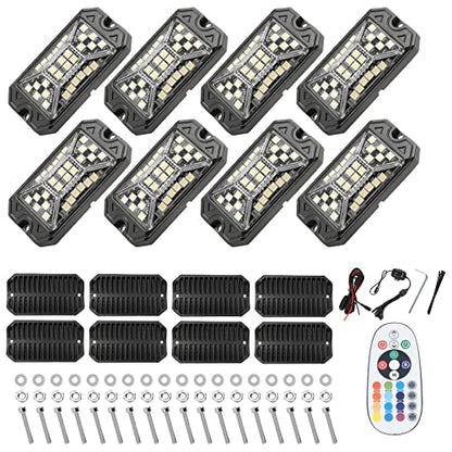 SUNPIE 8 Pods RGBW Rock Lights – Full Beam Angle, 30 High Power Chips, Aluminium Housing, Mounting Pads Included, IP67 Waterproof, Music Mode Underglow Lights, Fits Trucks, SUV, ATV, UTV, Boats - size: 8Pcs