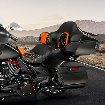 C.C. RIDER Gel Seat Driver Passenger Seat and Driver+ Tour Trunk Backrests Fit For Harley Touring 2014-2023 Street Glide Road Glide Road King Electra Glide,Orange Hexagon - color: 23# Gel Orange+ 2 Backrests