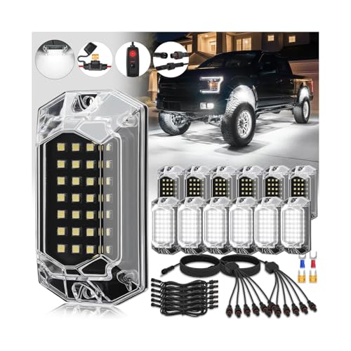 12Pods Full Angle All Pure White LED Rock Lights Full Kit Plug and Play & Pre Wired 6500K with Switch Harness Wiring Extension Fuse, 336Chips Waterproof Underglow 12V for Truck Pickup Jeep ATV Offroad - size: 12Pods