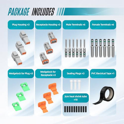 2 Pin DT Connector Kit Gray Waterproof Deutsch Automotive Connectors Kit with Solid Terminals and Sealing Plugs for Car Truck Motorcycle Marine Wiring 14–20 AWG，3 Sets - size: 2 Pin 3 Sets