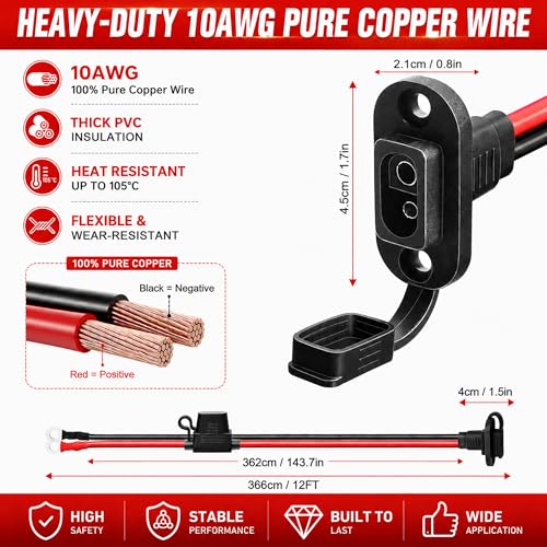 SAE to O Ring Connector 12FT 10AWG, SAE Battery Quick Connect Plug Waterproof Extension Cable for Solar Panel, Street & Road Glide Motorcycle Charging Port Upgrade, RV, Solar Generator Battery Charger - size: 12FT