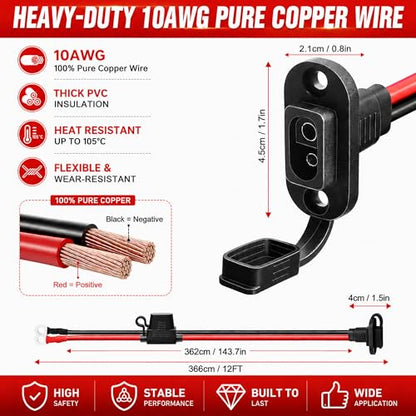 SAE to O Ring Connector 12FT 10AWG, SAE Battery Quick Connect Plug Waterproof Extension Cable for Solar Panel, Street & Road Glide Motorcycle Charging Port Upgrade, RV, Solar Generator Battery Charger - size: 12FT