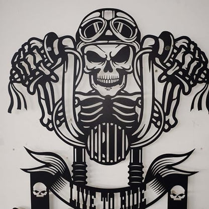 Handmade Metal Skull Wall Hanger – “Live To Ride” Motorcycle Helmet and Jacket Rack – Black Steel Wall Art for Garage, Man Cave, or Workshop Gift (61X69cm/24X27 Inches) - size: 61X69cm/24X27 Inches