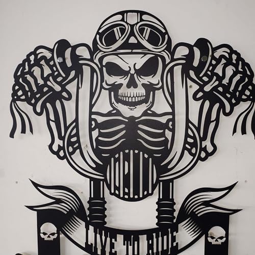 Handmade Metal Skull Wall Hanger – “Live To Ride” Motorcycle Helmet and Jacket Rack – Black Steel Wall Art for Garage, Man Cave, or Workshop Gift (52X59cm/20X23 Inches) - size: 52X59cm/20X23 Inches