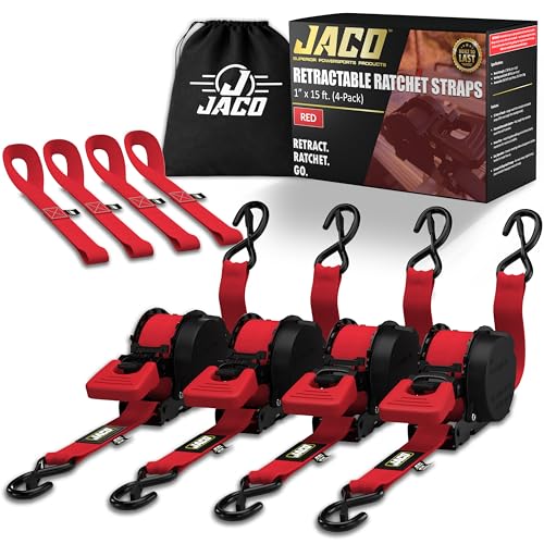 JACO Retractable Ratchet Straps Tie Down Kit (4-Pack) - 1 inch x 15 ft. (1,763lb Break Strength) (Red) - color: Red, size: 4-Pack