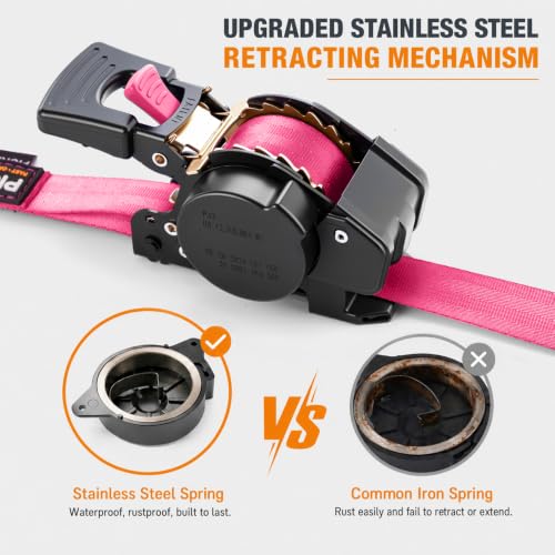 Retractable Ratchet Straps (4-Pack) - 1 Inch x 10 Feet (1,764lb Break Strength) - Heavy Duty Auto Self Retracting Tie Down Straps for Truck, Cargo Trailer, Motorcycle, ATV, UTV – Pink - color: Pink