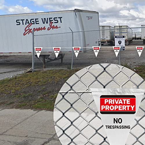 "Private Property No Trespassing" Innovative Printed White Pennant Banner Flag, 37t Length - OSHA Certified - size: 7"x10"x37Ft, style: White Warning