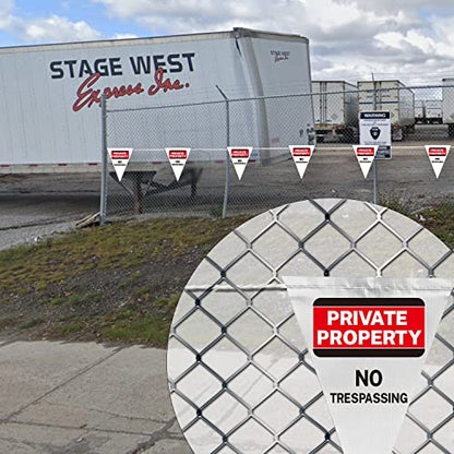 "Private Property No Trespassing" Innovative Printed White Pennant Banner Flag, 37t Length - OSHA Certified - size: 7"x10"x37Ft, style: White Warning
