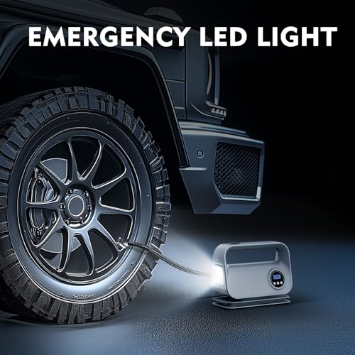 YIJU Tire Inflator Portable Air Compressor Tire Air Pump for Car Tires - Car Accessories, 12V DC Auto Pump with Digital Pressure Gauge, Emergency LED Light for Motorcycle, Bike,Gray