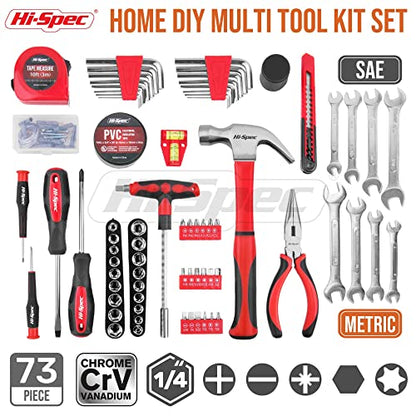 Hi-Spec 73pc Home and Garage Tool Kit Set. Essential Household and Auto Repair Tools. Includes Pliers, Sockets, Wrenches and a Hex Key Set in a Toolbox Carry Case - size: 73 PCS