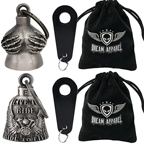 Dream Apparel 2 Pack Motorcycle Bells Guardian Angel for Biker Rider Men Women Ride Riding with Hangers, Drive Away Gremlins - color: Handful + Live to Ride & Ride to Live & Wings