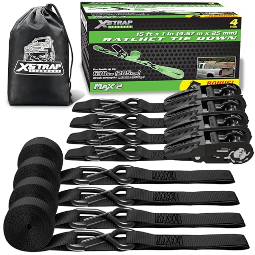 XSTRAP STANDARD Motorcycle Ratchet Tie Down Straps - 4 Pk 1'' x 15 Ft 1890 Lbs Break Strength-Cargo Straps with Integrated Soft Loops, Padded Handles & Coated Safety Clip for Motorcycle, Truck(Black) - size: Black-1890 lbs