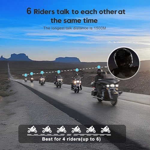 Q4 Motorcycle Bluetooth Headset, Helmet Comm System for 4 Riders, 1500m Intercom Range, Bluetooth 5.1 Dual Qualcomm Chip, Music Sharing, FM, DSP Noise Cancellation, IP65 Waterproof