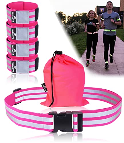 FREEMOVE Reflective SASH with 2 Bands - or - Reflective Runners Waist Belt with 4 Arm Bands > Easy to Put On/Off Reflective Gear for Guaranteed Visibility & Safety for Dog Walking, Running, Cycling - color: Pink BELT and BANDS