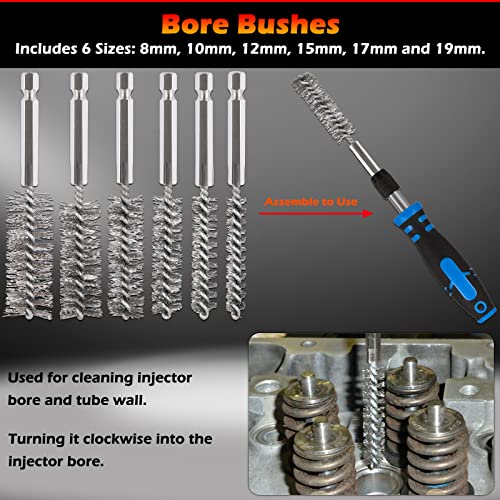Professional Diesel Injector-Seat Cleaning Kit 8090S on Cylinder Heads, Including Helix Brushes, Two-Stage Brushes, Bore Brushes and Swabs (Stainless Steel, 17-Pack)