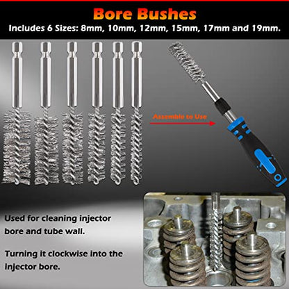 Professional Diesel Injector-Seat Cleaning Kit 8090S on Cylinder Heads, Including Helix Brushes, Two-Stage Brushes, Bore Brushes and Swabs (Stainless Steel, 17-Pack)