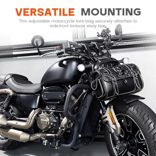 Rogierra Punk Motorcycle Front Fork Bag for Cruiser Motorcycles,Leather Motorcycle Tool bag Handlebar Bag with Reinforced Straps Waterproof bag with Lock design,14L - style: Embossed Skull Pattern With Lock Design