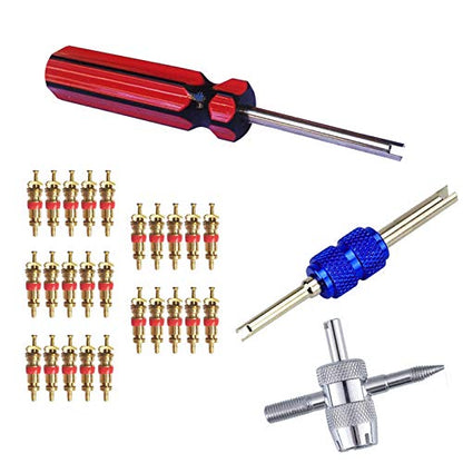 Febrytold 3 Pcs Tire Valve Core Remover Tools with 25 Pcs Brass Valve Stem Cores, 4-Way Valve Stem Core Tool, Dual & Single Head Tire Valve Core Remover Installer Tools - size: 28 Pcs