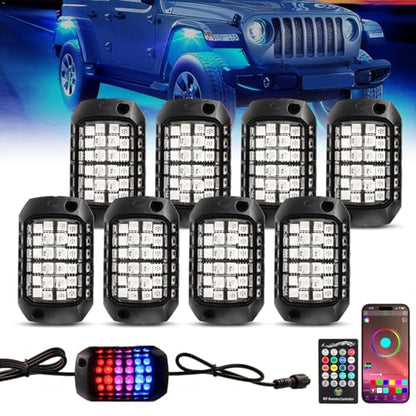 8 PCS RGB LED Rock Lights Kit, 27LED Wide Angle Wheel Well Light with Remote & App Dual Control, Multi Modes Underglow Neon Pod for Offroad Truck ATV UTV SUV