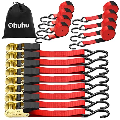 Ratchet Tie Down Strap 8-Pack 15 Ft - 500 lbs Load Cap with 1500 lbs Breaking Limit, Ohuhu Ratchet Tie Downs Logistic Cargo Straps for Moving Appliances, Motorcycle (Red) - color: Red, size: 8-Pack