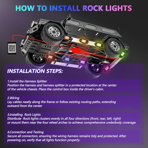 MONDEVIEW 8 Pods RGB LED Rock Lights for Jeeps Trucks Golf Carts & UTVs, Waterproof Underglow Kit with APP Control, Music Mode, 12V Underbody Neon Lights for Cars, ATV, RZR, SUV, Offroad Vehicles