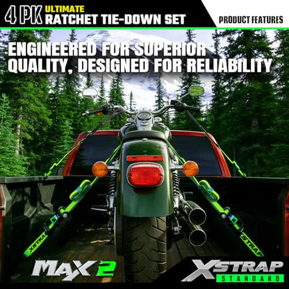 XSTRAP STANDARD 4PK Motorcycle Ratchet Straps, 1" x 15ft, 2,200 lbs Break Strength Tie Down Straps with Safety Lock S-Hooks, Soft Loop Straps and Stickers for Trucks, Cargo, Moving (Green) - size: Green-2200 lbs-4Loops