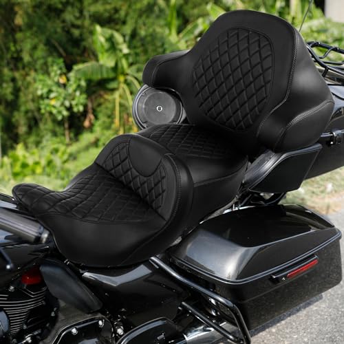SLMOTO Gel Hammock Seat + Passenger Backrest Pad Sissy Bar Fit for Harley Touring Road King Glide Street Glide Electra Glide 2014-2023 Black Motorcycle 2 Up Rider Driver Seat Cushion - color: Gel Style B Black Seat + Backrest