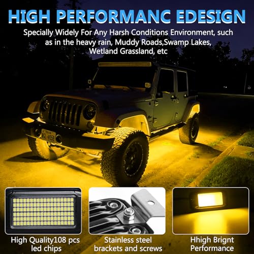 Nicoko 108 High-Power LEDs per Pod 4Pods Yellow Amber Rock Lights Ultra-Bright Offroad Underglow Kit Advanced Heat Dissipation IP68 Waterproof for Truck, SUV, UTV, ATV, RZR - size: Pure yellow rock lights