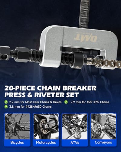 Orion Motor Tech Motorcycle Chain Rivet Tool, 20pc Motorcycle Chain Tool Kit with Powder Coated C Frame 5 Pins Pre-Press Cap, Pro Bike ATV Motorcycle Chain Breaker Removal Tool for 25 to 630 Chains