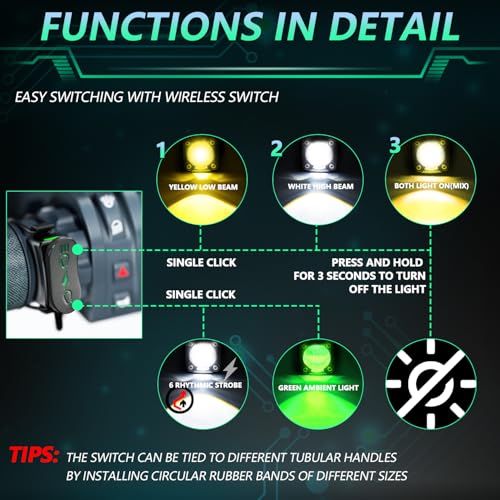 MONDEVIEW LED Motorcycle Auxiliary Light Kit, 5 Modes, Spot Driving Lights, Compatible with Tractor Truck ATV UTV SUV Boat - color: Green