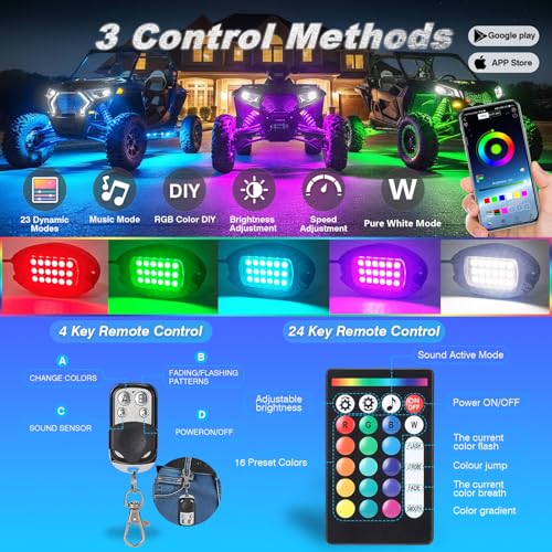 4Pods Heavy Duty Aluminum RGBW LED Rock Lights Kit for ATV UTV 4 Wheeler Can-Am SXS RZR Side by Side Offroad Vehicle, APP & RF Remote, Plug&Play Pre-Wired, IP67 Waterproof 12V Underglow Accent Light - color: RGBW 18LEDs, size: 4Pods