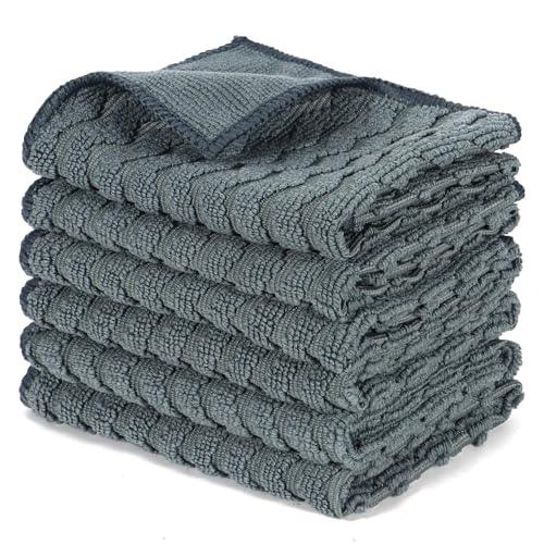 6 Pack Microfiber Cleaning Cloths, 12 x 12 Inch Dual-Sided Reusable Dish Towels, Soft & Textured All-Purpose Cleaning Rags for Kitchen, Home, Car, Lint-Free Washable Cleaning Cloths, Grey