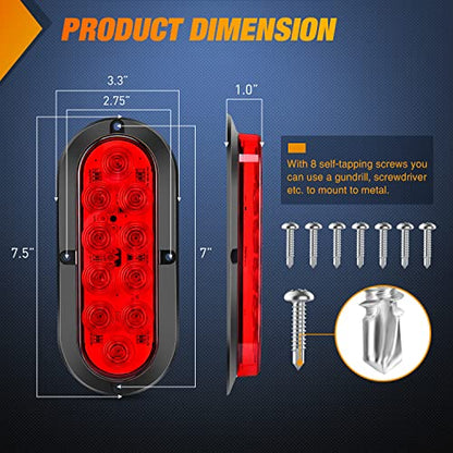 Nilight 6 Inch Oval Red LED Trailer Tail Light 4PCS 10LEDs Waterproof Stop Brake Turn Surface Mount Trailers Lights for Truck RV Boat Bus Lorry Camper Van Caravan - color: Red Lights Screws 4PCS