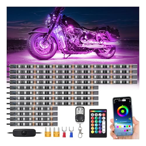 12Pcs RGB Motorcycle LED Lights Kit, Waterproof Multicolor Motorcycle Underglow Kit with APP/RF, Music Sync, Brake Signal for Harley Davidson Kawasaki Suzuki Yamaha Golf Cart 12V Underbody Strip Light - color: 12pcs-rgb+turn/brake