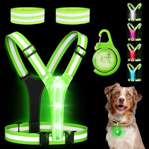 LED Reflective Vest Safety Gear, High Visibility Reflective Running Gear for Dog Walking Running Cycling, Adjustable for Men Women Kids - Reflective Armband and Dog Light with USB Rechargeable - style: Vest and plastics Pet light
