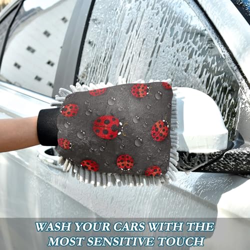 susiyo 2 Pack Absorbent Microfiber Car Wash Drying Mitts Water Drop and Ladybugs Printed Chenille Car Wash Mitts Detailing Washing Gloves for Cars Motorcycles Boats, 10.24 x 7.09in - size: Medium