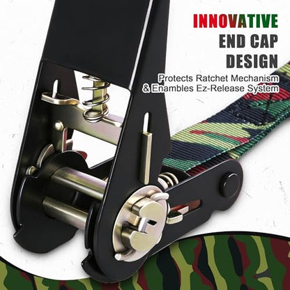 AWELCRAFT Ratchet Straps 4 Pack,1 Inch x 15 Feet Tie Down Ratcheting Strap,1500lb Breaking Strength with S-Hook,4X Soft Loops for Moving Appliances,Lawn Equipment,Truck,Motorcycle(Camouflage) - color: Camouflage