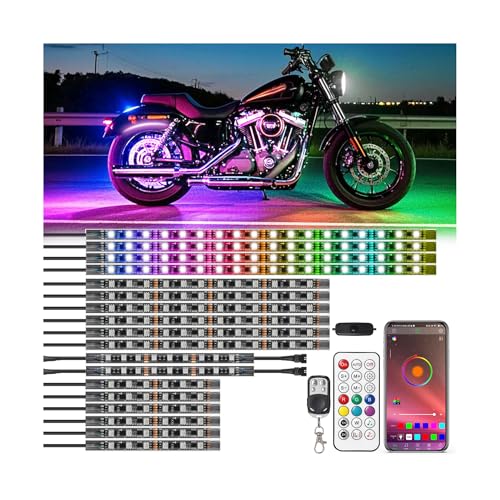 18Pcs RGB+IC Chasing Motorcycle LED Lights with APP/RF Remote, Dreamcolor Motorcycle LED Underglow Kit with Brake Turn Signal, 12V Waterproof Neon Strip Lights Kit for Harley Kawasaki ATV Golf Cart - color: RGB+IC 18 Pcs