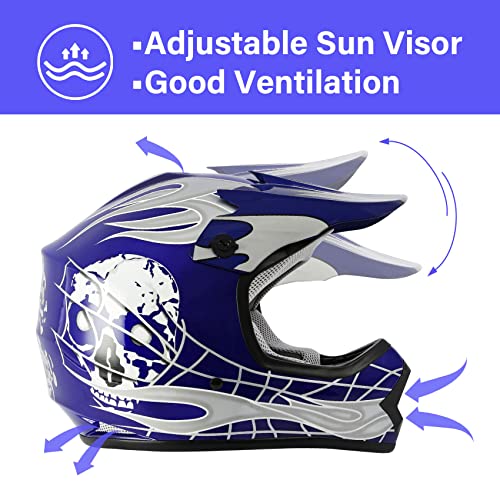 SLMOTO Dot Youth Kids Helmet Motocross Offroad Street Helmet Motorcycle Helmet Dirt Bike Motocross ATV Blue Skull Design HelmetGogglesGloves Small, Blue 2