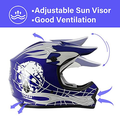 SLMOTO Dot Youth Kids Helmet Motocross Offroad Street Helmet Motorcycle Helmet Dirt Bike Motocross ATV Blue Skull Design HelmetGogglesGloves Small, Blue 2