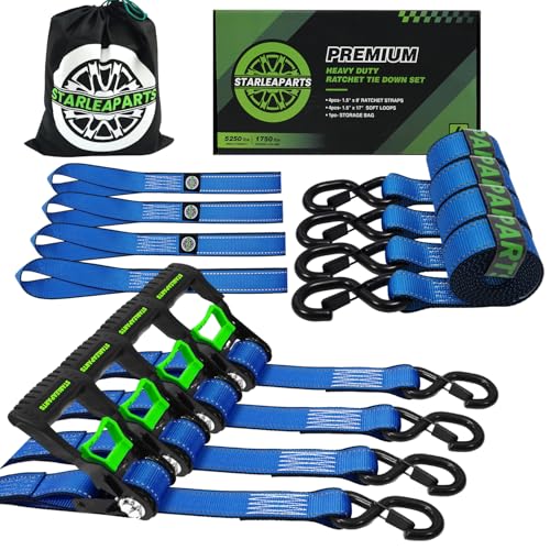 Motorcycle Tie Down Strap (4PK 1.5INX8FT) - 5,250lb Break Strength, Ratchet Straps Heavy Duty, Soft Loop Ratchet Straps for Moving Appliances, Lawn Equipment, Cargo Straps for Trucks - color: Blue, size: 5250lb - 8ft