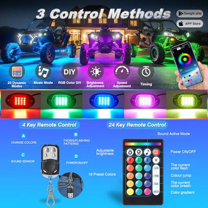 4Pods RGB LED Rock Lights for UTV SXS RZR Can-Am Four Wheeler Side by Side ATV Offroad Golf Cart, Multicolor Underglow Light Kit with APP/RF Remote Music Sync Neon Vehicle Accent Light 12V Waterproof - size: 4Pods