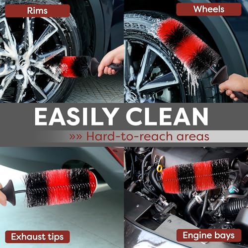 (Upgraded) TAKAVU Premium Wheel & Tire Brush, Long Bristle Detailing Brush for Effortless Rim & Tire Cleaning, Non-Slip Handle, Built-in Knuckle Guard, Deep Reach for Brake Dust & Dirt Removal (Red) - color: Red & Black - Big Brush