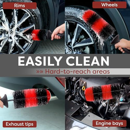 (Upgraded) TAKAVU Premium Wheel & Tire Brush, Long Bristle Detailing Brush for Effortless Rim & Tire Cleaning, Non-Slip Handle, Built-in Knuckle Guard, Deep Reach for Brake Dust & Dirt Removal (Red) - color: Red & Black - Big Brush