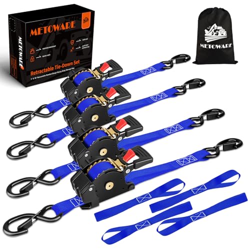 METOWARE Retractable Ratchet Straps (4-Pack) - 1 in x 10 Ft (1500lb Break Strength) - Heavy Duty Auto Self Retracting Tie Down Straps for Truck, Trailer, Cargo Van, Motorcycle - Blue - color: Blue, size: 4-pack