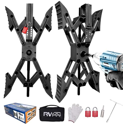 Camper X-Shaped Wheel Chock Stabilizer, 2 Sets RV Stabilizer Wheel Chock Scissor, X Chocks Wheel Stabilizer for Travel Trailer Allow Drill Adjust with Hex Socket, Tool Kit and Password Locks-Black - color: black