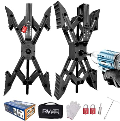 Camper X-Shaped Wheel Chock Stabilizer, 2 Sets RV Stabilizer Wheel Chock Scissor, X Chocks Wheel Stabilizer for Travel Trailer Allow Drill Adjust with Hex Socket, Tool Kit and Password Locks-Black - color: black